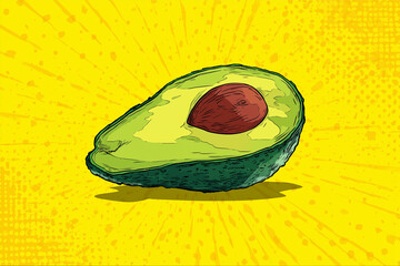 Illustration d'une moiti&eacute; d'avocat avec son noyau sur fond jaune, art print, illustration vintage, espacement pour texte