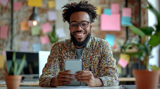 Joyful man using smartphone while sitting at desk in modern office surrounded by plants and colorful notes