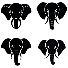 Four Different Stylized Black and White Elephant Head Designs, Illustration on White Background