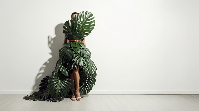 Woman Wearing a Dress Made of Monstera Leaves