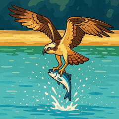 Adobe Illustrator Artwork Majestic Osprey Catching Fish Mid-Flight – Dynamic Wildlife Digital Art