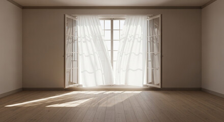 Obraz premium Sunlit Room: Sunlight streams through an open window, illuminating a simple, elegant interior. The scene evokes a feeling of peace and serenity.