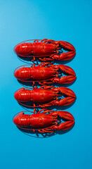 Four Red Lobsters in a Row on Blue Background