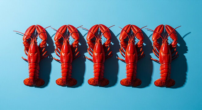 Five Red Lobsters in a Row on Blue Background