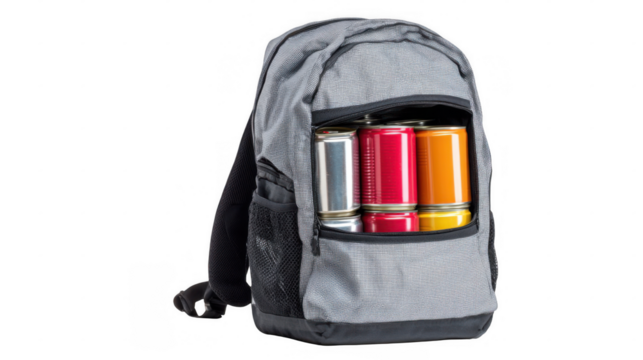 Gray backpack showcasing colorful canned food inside, isolated on a transparent background, offering versatile options for various graphic design projects and outdoor activities