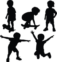 Silhouette of Children Enjoying Skateboarding and Playful Activities