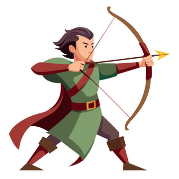 Fototapeta Cartoon Archer Aiming Arrow, Medieval Style Costume, Red Cape and Accurate Shot