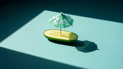 Cucumber Boat with Paper Parasol under Sunlight