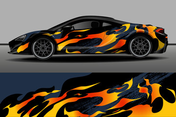 Racing car packaging design vector. Car sticker design. Abstract racing and sport background with flames for racing livery or vinyl decal for daily use car. Car design development for company.