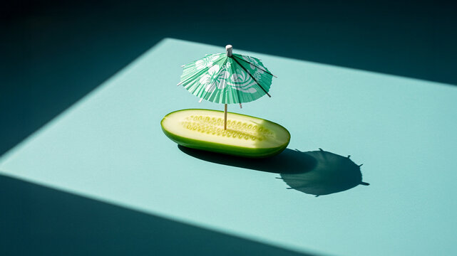 Cucumber Boat with Paper Parasol under Sunlight