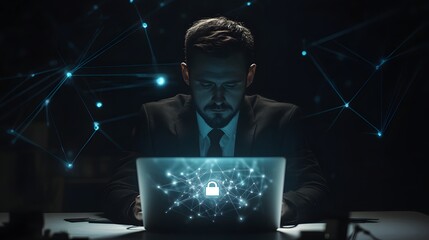 Businessman Analyzing Data Security on Laptop in Dark Environment