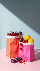 Cherries, Plums, and Lemons in Pink and Orange Paper Bags