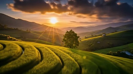 Sunset Over Rice Plants with Timelapse Sky – Serene Nature Motion - Powered by Adobe