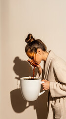Woman in Bathrobe Spilling Giant Mug of Coffee on Herself