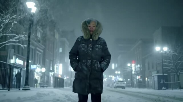 Man standing in snowstorm on empty city street at night  