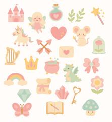 Set of 25 Cute Fairy Icons – Magical Fantasy Vector Illustrations with Fairies, Wings, Wands, Stars and Sparkles, Ideal for Kids Designs, Digital Planners, Scrapbooking and Party Decor