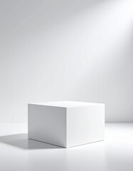 white square podium or pedestal for product display with soft shadows on the background, in studio neutral white product mockup, light ray from top right corner
