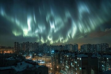 Fototapeta premium Aurora-like phenomenon illuminates city skyline with vibrant lights against a darkening twilight backdrop