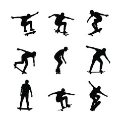 Skateboarders Silhouettes Set, Sport Activity Figures Collection on White Background