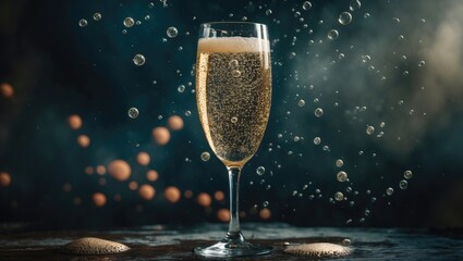 A glass of champagne with many bubbles