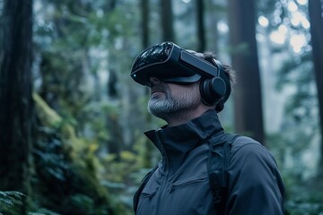 Man using virtual reality headset in a dense forest during a calm afternoon