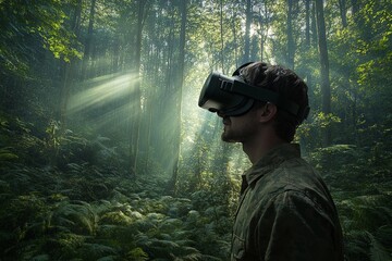Man using virtual reality headset in a dense forest during a calm afternoon