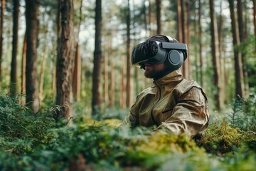 Man using virtual reality headset in a dense forest during a calm afternoon