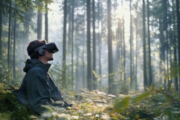 Man using virtual reality headset in a dense forest during a calm afternoon