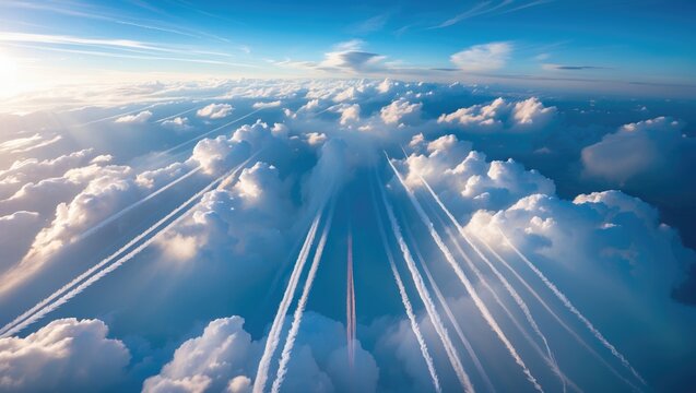 Aircraft contrails in the blue sky observed from above with clouds and sky.