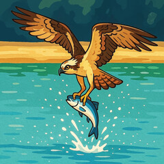 Adobe Illustrator Artwork Majestic Osprey Catching Fish Mid-Flight – Dynamic Wildlife Digital Art