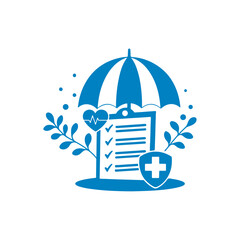 of health insurance concept with umbrella, checklist, heart with heartbeat, and medical shield. Symbol of protection, coverage, and healthcare safety.