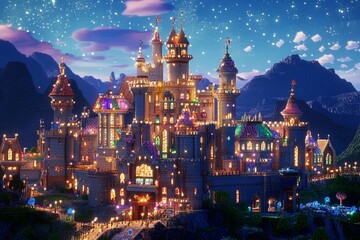 Obraz premium Castle with brightly shining walls stands cheerfully against a backdrop of majestic mountains and clear blue skies