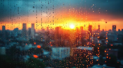 Fototapeta premium Rainy sunset cityscape view through window