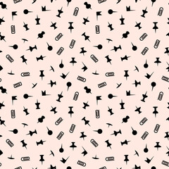 Seamless minimalist pattern with silhouettes push pins, paper clips and flag pins on beige background. For back to school theme, school or office supplies, stationery, textile print, wrapping paper.