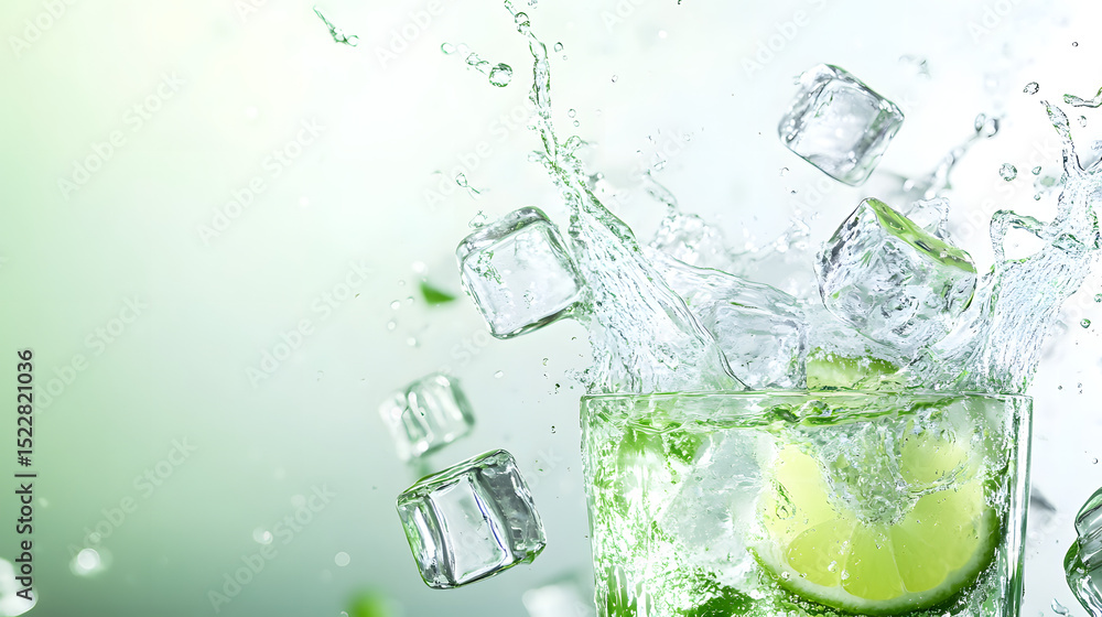 Poster refreshing beverage splash with ice cubes against a soft light background ideal for beverage adverti