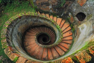 Endless spiral staircase viewed from above, showcasing a mesmerizing architectural design in a historic building