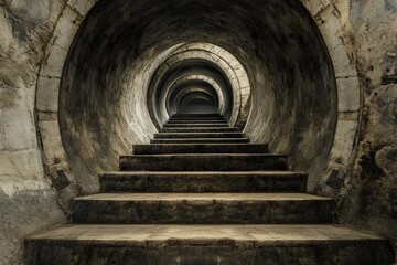 Steps lead into an endless circular tunnel creating a mysterious atmosphere with a sense of depth and intrigue
