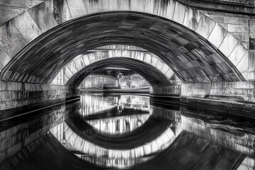 Vaulted bridge structure creates stunning mirror reflection beneath in calm water during early morning light
