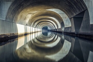 Vaulted bridge structure creates stunning mirror reflection beneath in calm water during early morning light