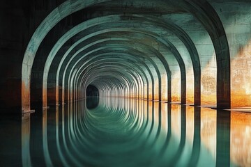Vaulted bridge structure creates stunning mirror reflection beneath in calm water during early morning light