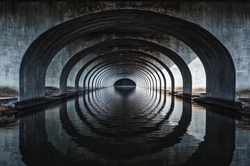 Vaulted bridge structure creates stunning mirror reflection beneath in calm water during early morning light