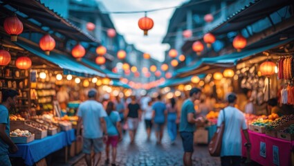 Obraz premium Blurred background of a vibrant and bustling street market during summer with colorful stalls and people creating a lively atmosphere, showcasing local culture and unique goods.