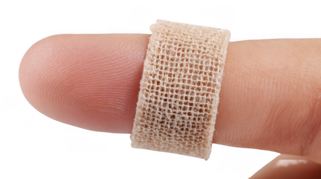 Medical tape wrapped around a fingertip, providing support and protection with a transparent background for easy integration into various projects