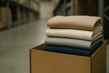 Stacked folded sweaters in cardboard box at warehouse with industrial shelving