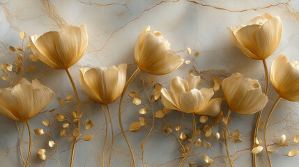 Luxurious 3d abstract design featuring golden tulips on elegant beige stone background for interior decor
