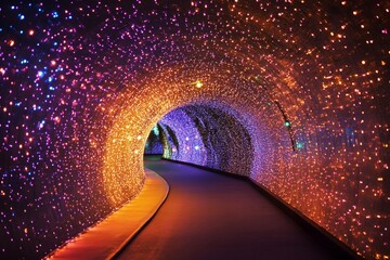 Colorful illuminated tunnel creates a stunning visual experience with shimmering lights in various hues