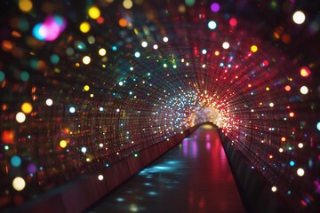 Colorful illuminated tunnel creates a stunning visual experience with shimmering lights in various hues