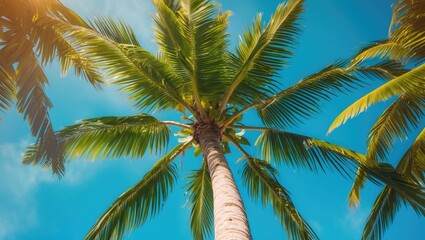 Fototapeta premium Close view of the top of a palm tree with green leaves and a blue sky background