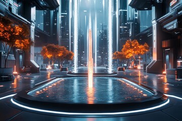 Futuristic plaza featuring a symmetrical fountain illuminated by urban lights in a vibrant cityscape