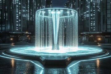 Futuristic plaza featuring a symmetrical fountain illuminated by urban lights in a vibrant cityscape